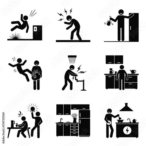 Stick figure depictions of various accidents and safety hazards around electricity