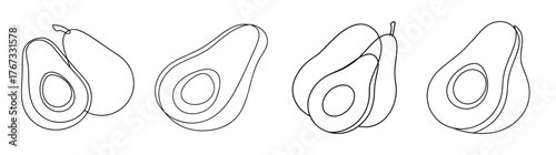 Four detailed sketch outlines of ripe avocado halves showing pit and flesh texture