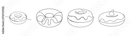 Four artistic line drawings of bagels with cream cheese ready to eat