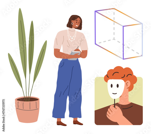 Woman holding a notebook, geometric cube represents abstract idea, man holding mask suggests hidden identity, potted plant for growth. Ideal for creativity, reflection, disguise, growth, psychology