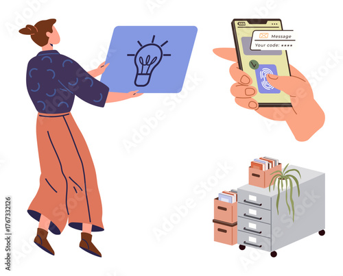Woman holding creative idea card, hand with smartphone displaying fingerprint access, organized folders in cabinets. Ideal for innovation, security, productivity, organization, strategy, workspaces