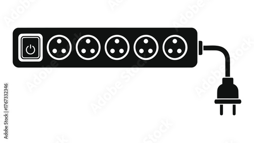 Black power strip on for multiple electrical outlet and surge protection