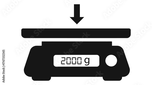 Digital kitchen scale icon on showing 2000 grams, weight measurement tool concept