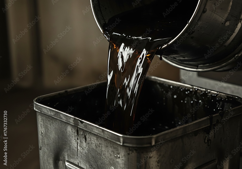 Obraz premium Pouring Black Liquid from Metal Container into Industrial Bin.