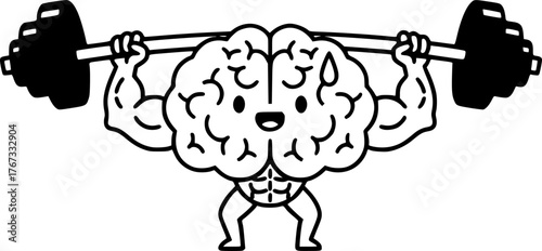 cartoon brain lifting barbell, pink brain with black outline