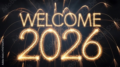 welcome and 2026 written in golden sparkles on a black background banner template for web and header createdwith generative ai