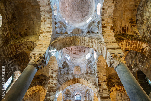 Upward view of medieval domes and vaults in San Cataldo Church, Palermo, Sicily