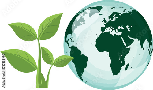 Green plant sprouts next to a globe representing the Earth's environment.