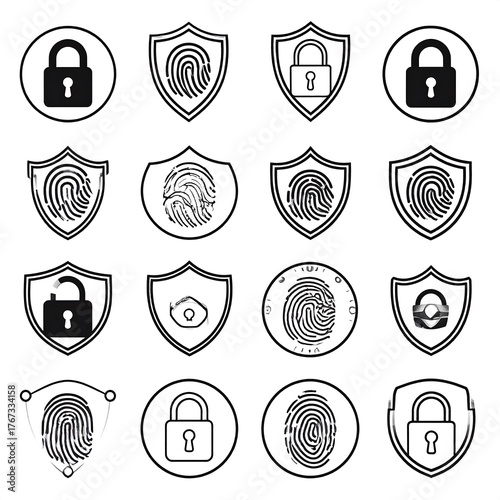 Cybersecurity Icons Shields, Fingerprints, and Padlocks for Digital Security Concepts