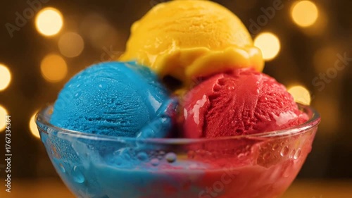 A vibrant bowl of ice cream with blue, red, and yellow scoops.