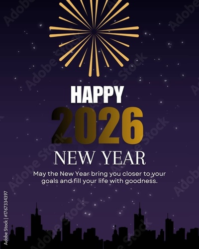 Happy New Year 2026 Greeting Card with Fireworks and City Skyline