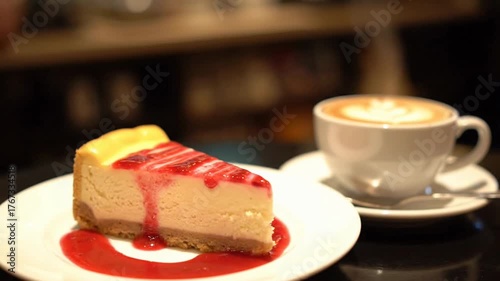 A slice of cheesecake with strawberry sauce beside a cup of latte.
