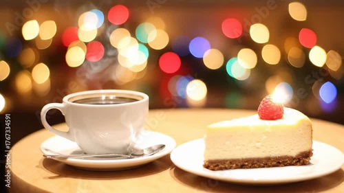 Cheesecake and coffee create a cozy, festive atmosphere with bokeh lights.