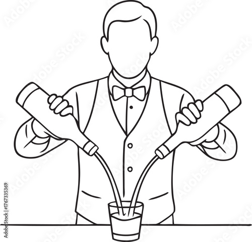 Bartender pouring cocktails — barman in vest and bow tie, line drawing