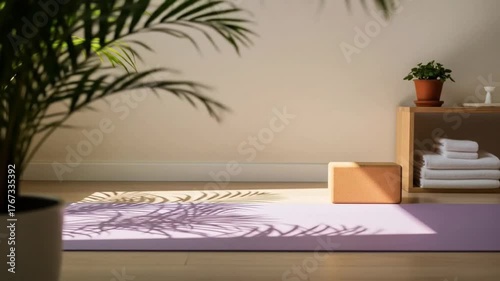 A serene yoga space with sunlight casting shadows from lush plants.