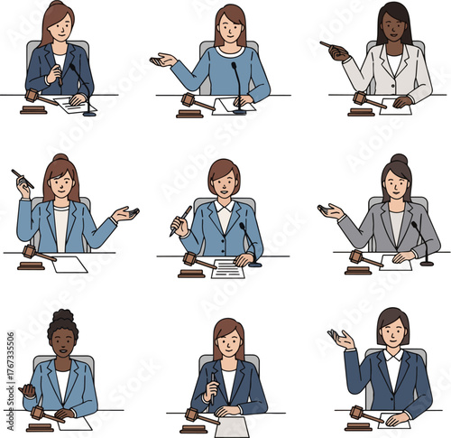 Create a kinds of deferent Simple vector illustration of a businesswoman conducting a hearing vector art with white background..