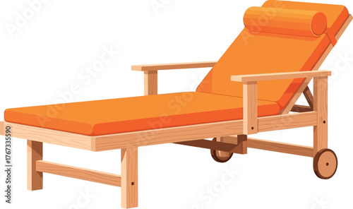 A wooden lounger with an orange cushion is ready for relaxation on a sunny day.