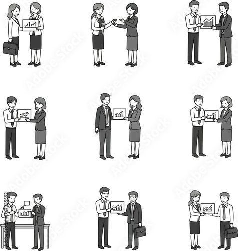 Create a kinds of deferent simple vector illustration of two business people making a proposal vector art with white background..