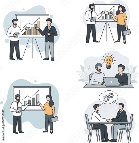 Create a kinds of deferent simple vector illustration of two business people making proposals for business improvement vector art with white background.