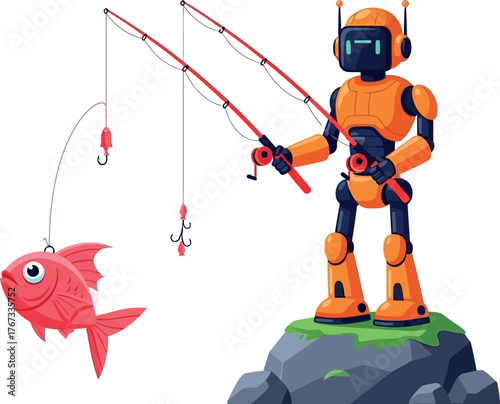 A futuristic robot is fishing with a rod and reel on a rock.