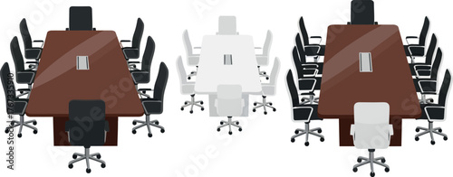 Three conference tables with chairs are arranged for business meetings.