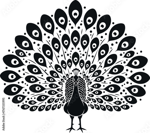 A stylized black silhouette of a peacock displays its elaborate tail feathers.