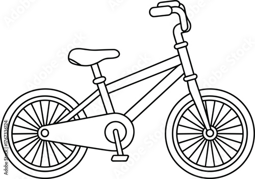 Bicycle line drawing, black and white illustration, simple bike sketch, educational transport outline, vintage cycle graphic, minimalist two wheel design, vector art