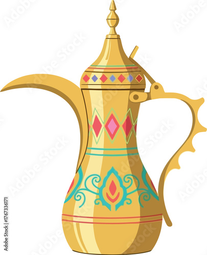 An ornate golden dallah coffee pot with intricate patterns rests on a white background.