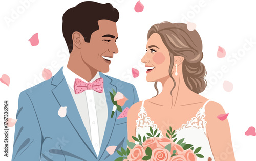 A happy newlywed couple smiles at each other as flower petals fall around them