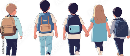 Children with backpacks walk together holding hands toward a new day.