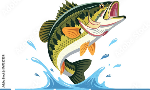 A large bass fish jumps out of the water with its mouth open.