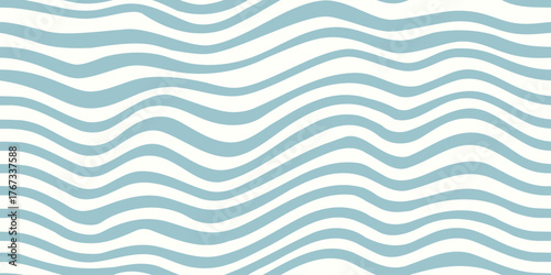 Wave pattern. Blue and white stripes from a seamlessly repeating wavy background. Vector pattern for fabrics, bedding, and decor. Stripes of varying thickness create irregular waves.