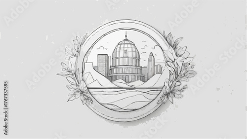 Vintage sketch vector illustration of a city surrounded by colorful flowers, showcasing a blend of urban and natural elements
