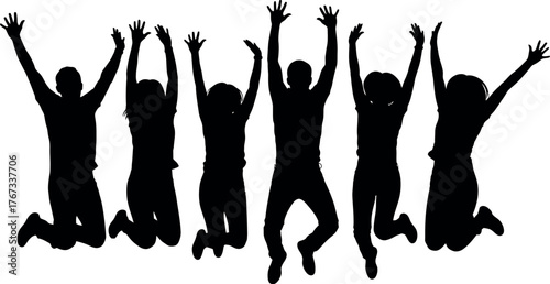 A group of diverse individuals are joyfully jumping in the air with their arms raised.