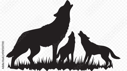 Striking silhouette of a wolf family howling together on the grass in the night, vector style