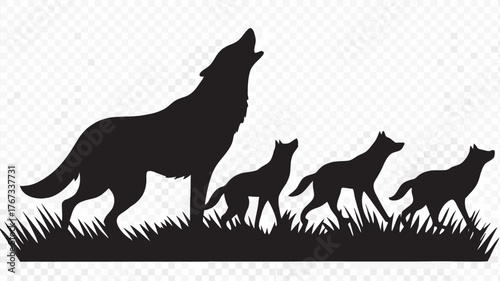 Majestic howling wolf silhouette leading its pack through tall grass, a symbol of strength and unity