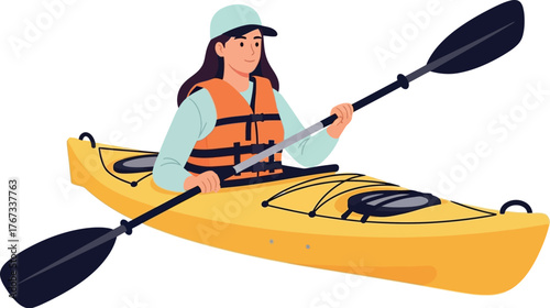 A person paddling a yellow kayak on a body of water with a life vest.