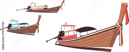 Three traditional longtail boats are displayed against a white background.