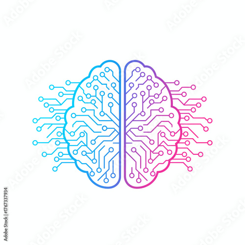 Illustration of a brain split into two halves with circuit patterns representing artificial intelligence and digital technology
