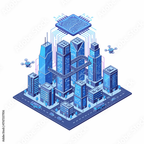 Futuristic smart city concept with artificial intelligence chip, drones, and interconnected buildings in a digital urban environment