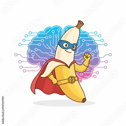 Cartoon superhero banana character wearing a cape and mask in front of a digital brain circuit illustration