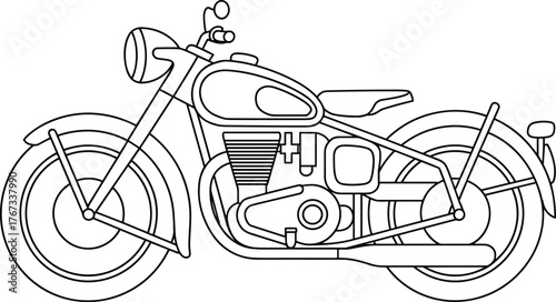 Classic motorcycle line drawing, detailed black and white illustration, vintage motorbike sketch, technical engineering diagram, retro transport design, mechanical artwork, educational reference