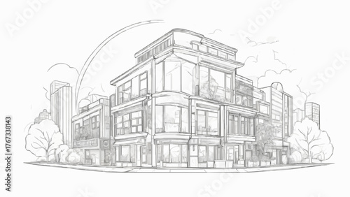A vintage, black and white sketch architecture illustrating urban buildings and a street scene