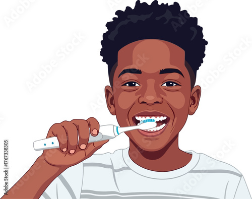 A young person is brushing their teeth with an electric toothbrush.