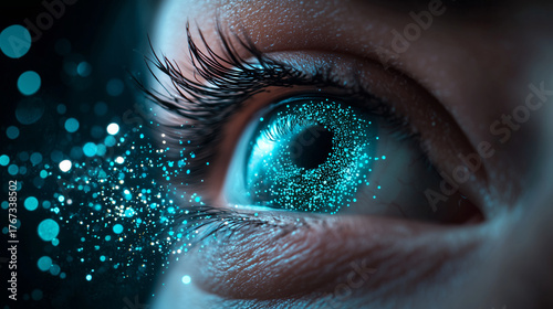 Close-up View of an Eye with Sparkling Particles and Abstract Blue Light Effects