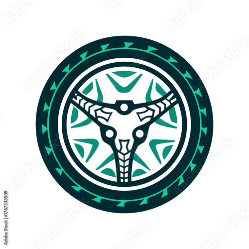 Tribal Wheel Design in Teal and Black A white shopping cart wheel appears in close up