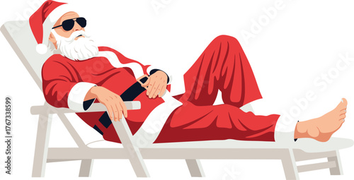 Santa Claus relaxes on a lounge chair, wearing sunglasses and his festive suit.