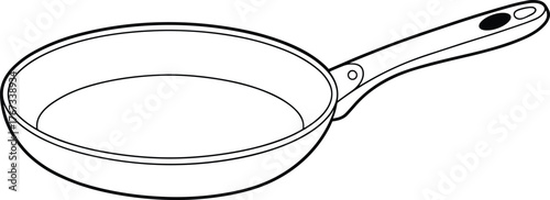 Frying pan line drawing, black and white outline, simple cookware illustration, kitchen utensil sketch, cooking equipment graphic, household item template design