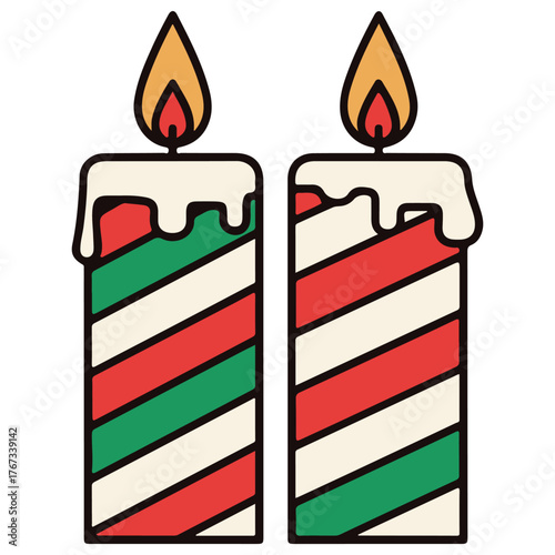 Stylized Holiday Candles with Red Green Stripes and Melted Wax