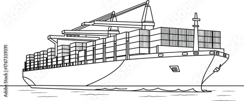 Large cargo ship line drawing, container vessel at sea, maritime logistics, global trade, shipping industry, freight transport, commerce, export, import